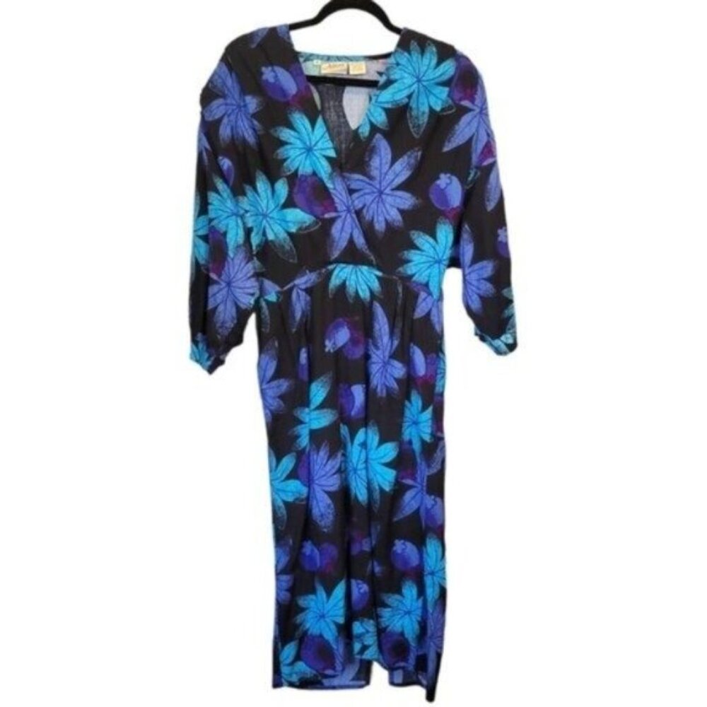 Adini Vintage | Tropical Leaf Berry Printed Surplice Neckline Maxi Dress Blue